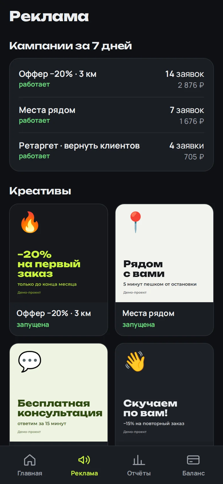 Кабинет: кампании и креативы